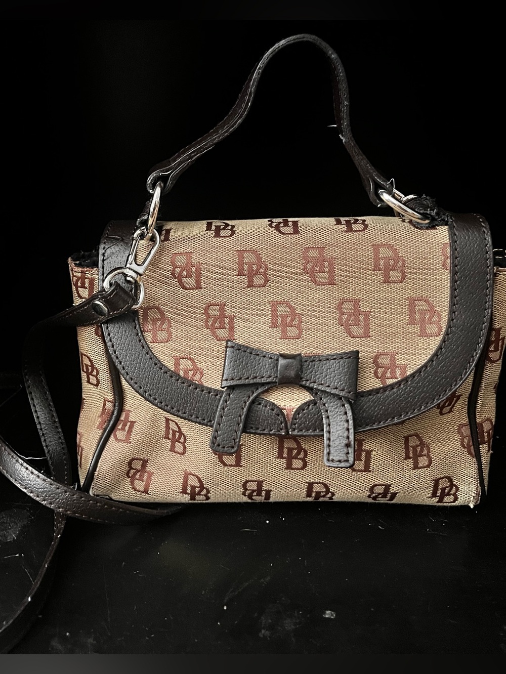 Vtg Dooney & Bourke Y2K Brown Monogram Top-Handle Crossbody Bag w BOW small